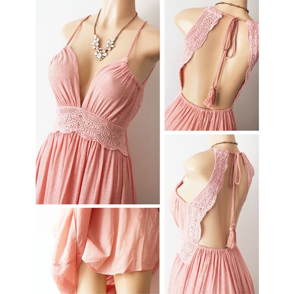 Pink Crochet Lace Open Back Halter Boho Maxi Dress - Picture 5 of 8